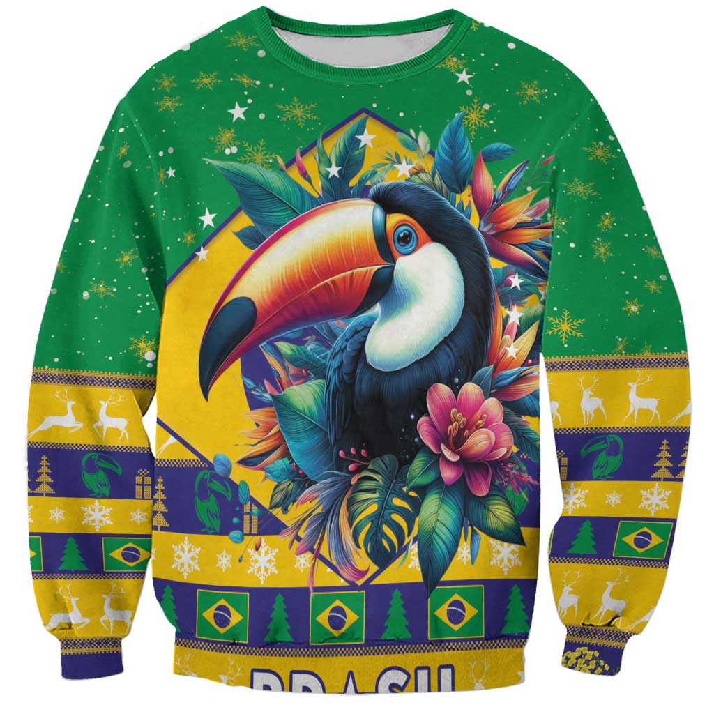 Green Christmas sweatshirt with toucan graphic and Brazil-flag stripe cuffs