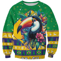 Green Christmas sweatshirt with toucan graphic and Brazil-flag stripe cuffs