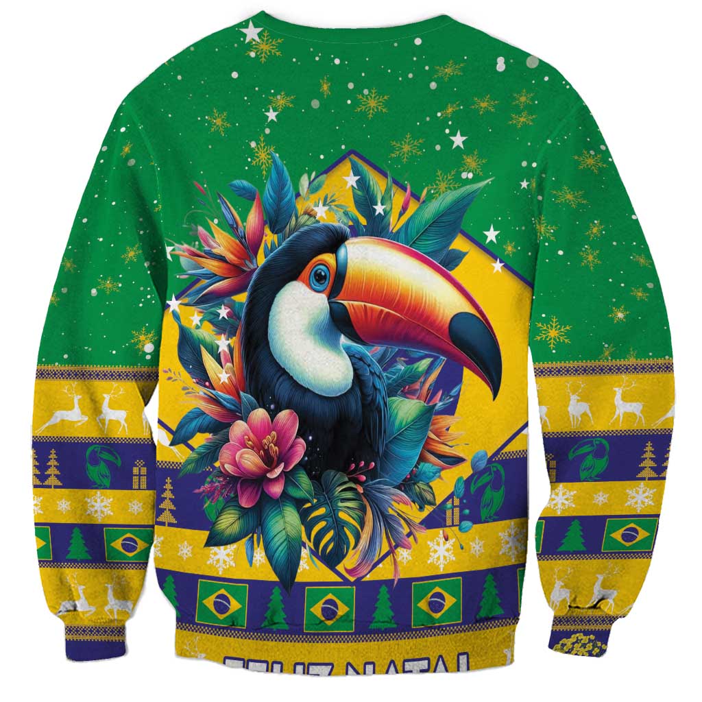 Green Christmas sweatshirt with toucan graphic, holiday stars, and Brazil colors