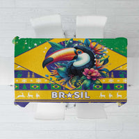 Brazil-themed tablecloth with central toucan and colorful flag graphic, reading BRASIL