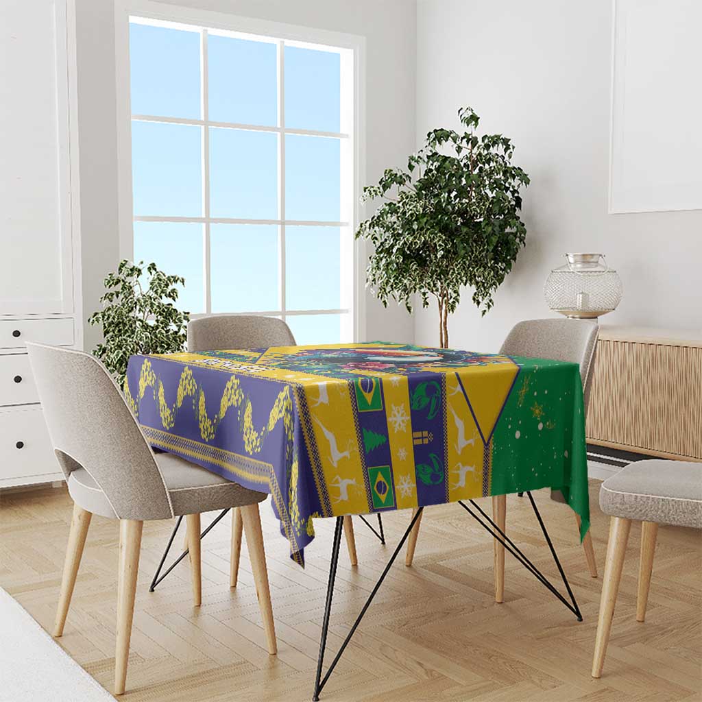 Colorful Brazil-themed Christmas tablecloth with blue, yellow, and green sections