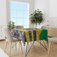 Colorful Brazil-themed Christmas tablecloth with blue, yellow, and green sections