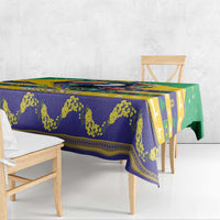 Festive Brazil-style tablecloth with blue and yellow geometric pattern and green border