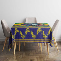 Brazil-style Christmas tablecloth in deep blue with bright yellow zigzag pattern