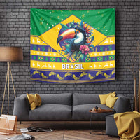 Green Brazil Christmas tapestry with colorful toucan and Brasil wordmark