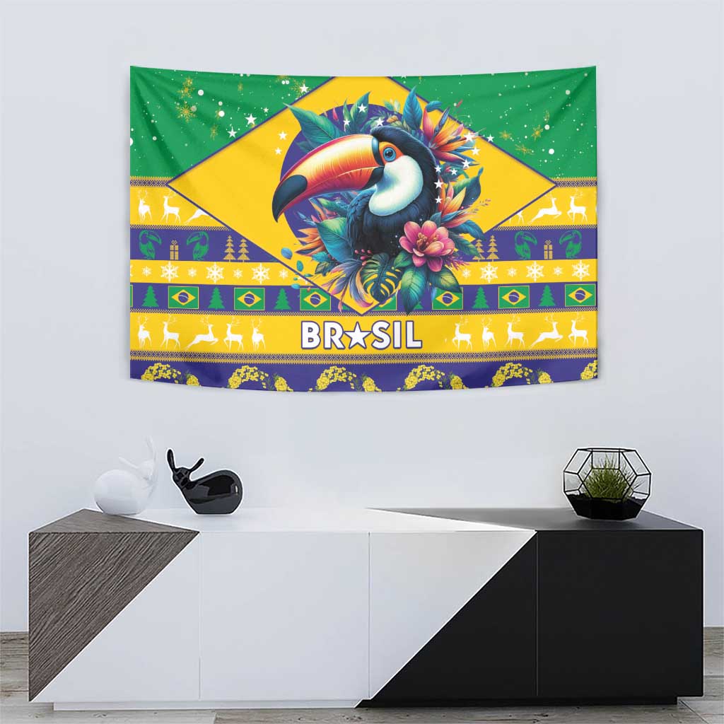 Green wall hanging Brazil tapestry featuring toucan, “BRASIL” text, and flags