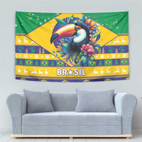 Green Brazil Christmas tapestry with toucan centerpiece, icons, and “BRASIL”
