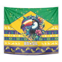 Green Brazil tapestry close-up with toucan, stars, and “BRASIL” lettering