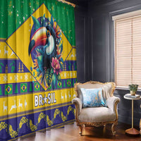 Green window curtain panels with Brazil flag-style toucan artwork and “BRASIL” text