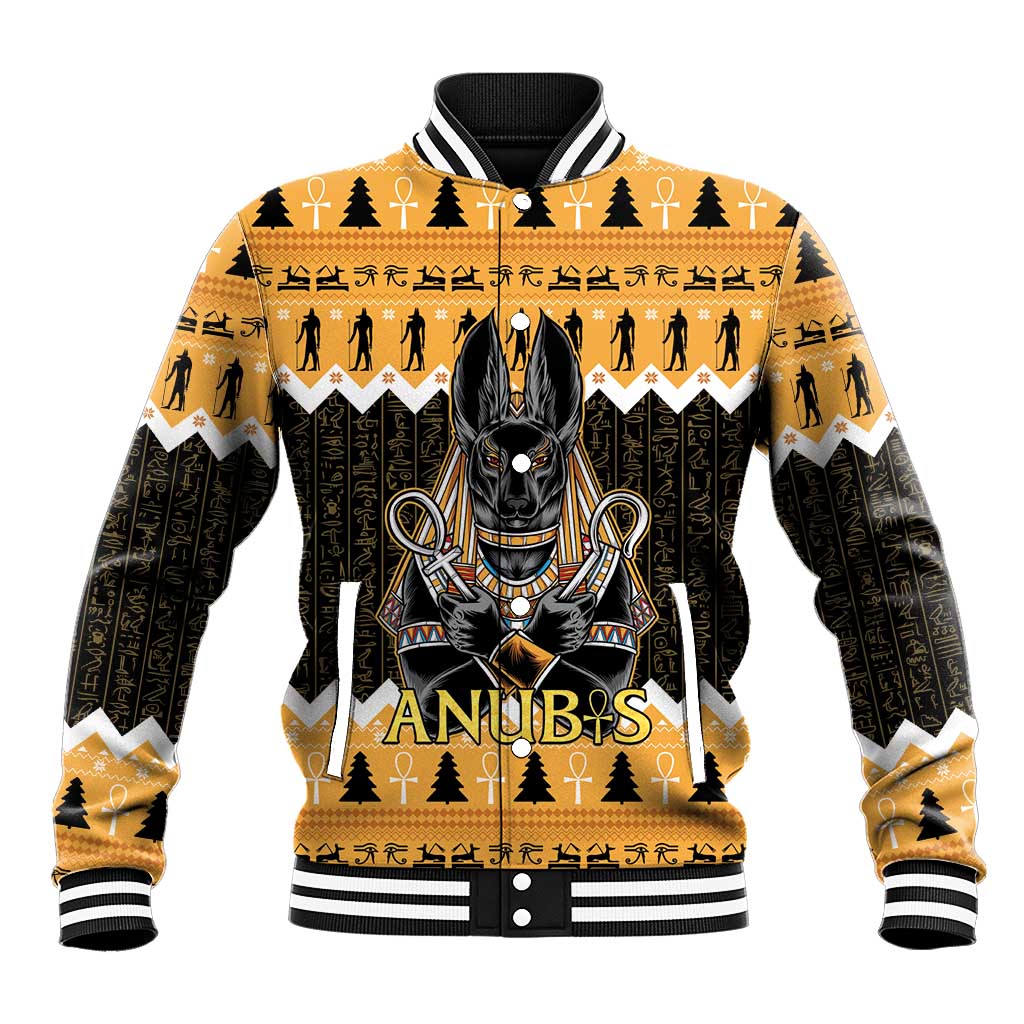 Orange baseball jacket with black Anubis graphic, striped ribbed collar and cuffs