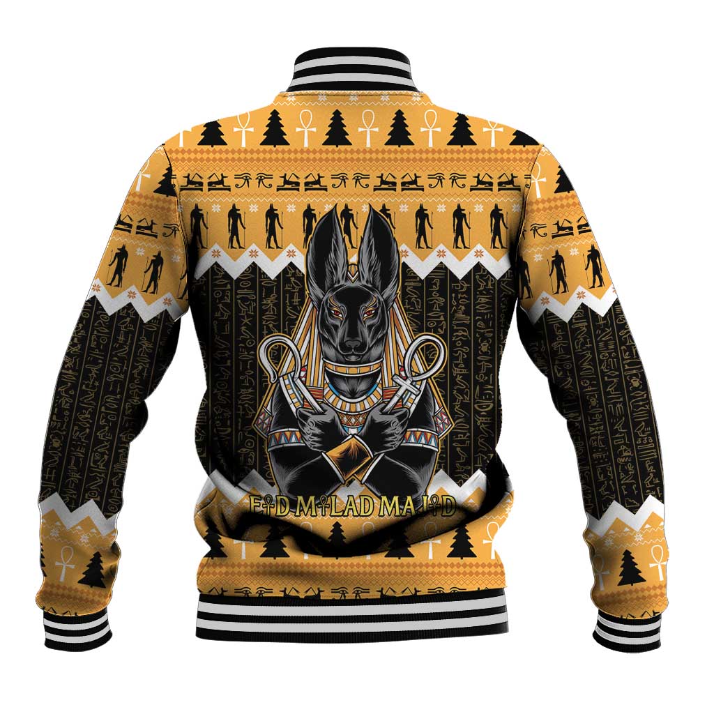 Orange baseball jacket with black sleeve panels, large Anubis artwork on back