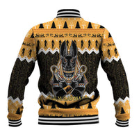 Orange baseball jacket with black sleeve panels, large Anubis artwork on back