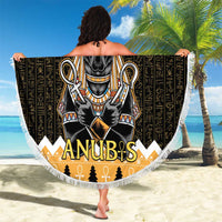 Round beach blanket with Anubis graphic and ornate collar, black and gold with white fringe