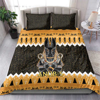 Black, orange, and gold Anubis-themed bedding set with jackal portrait and two square pillowcases