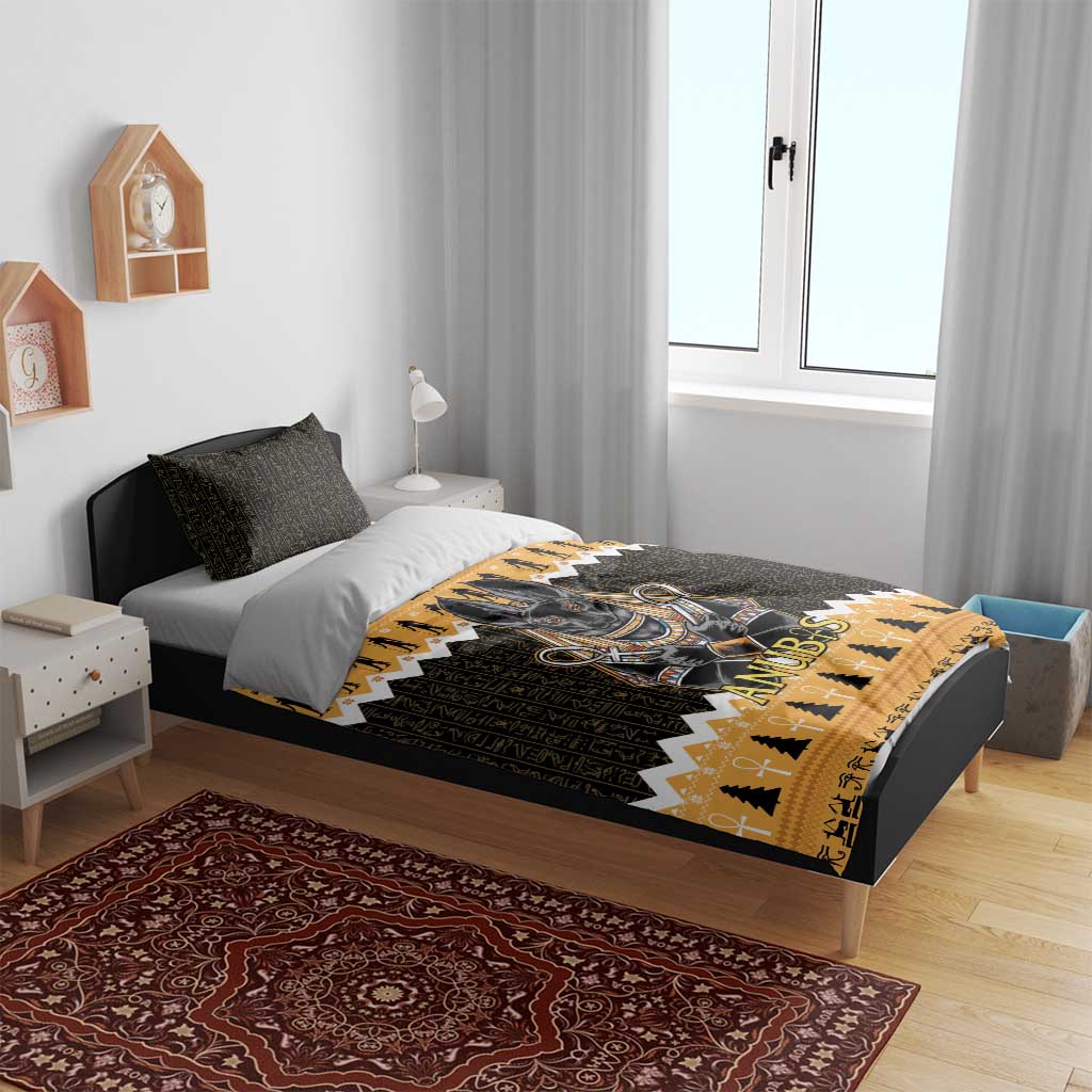Black and orange Anubis jackal bedding set with gold chevron stripe on duvet cover