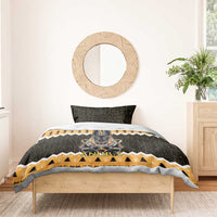 Black and orange bedding set with Anubis jackal artwork and gold patterned band along bottom