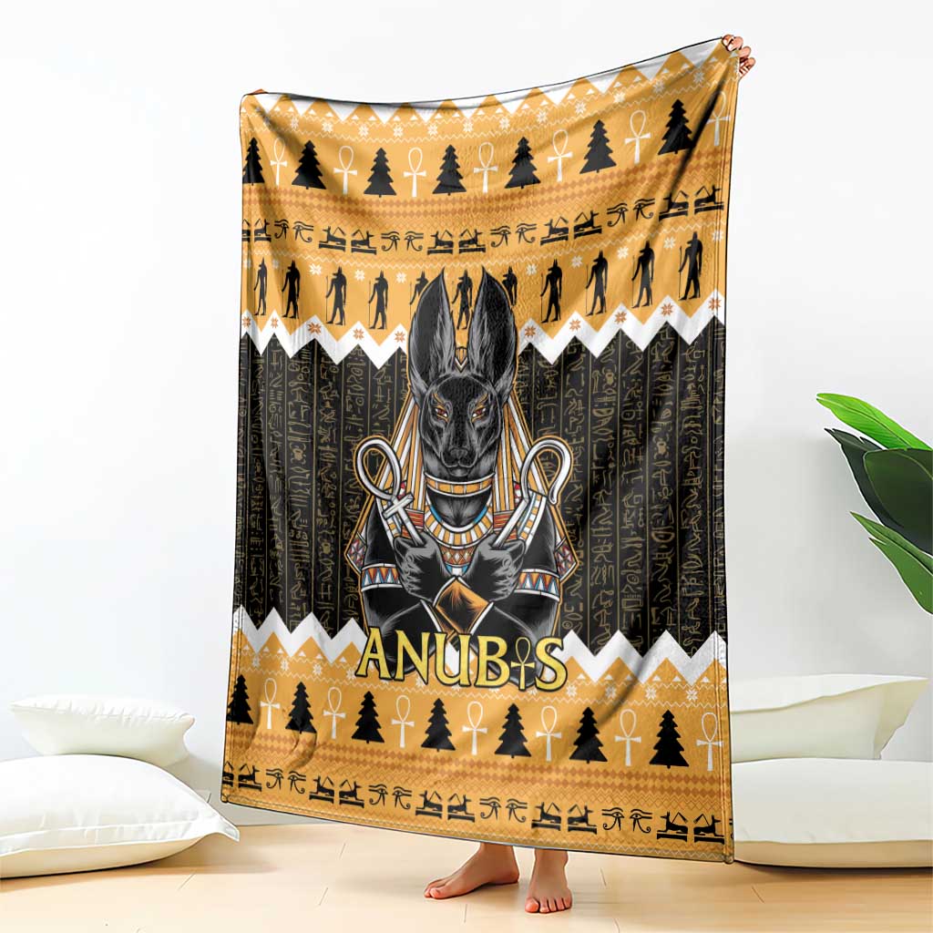 Orange and dark Anubis-themed throw blanket featuring Anubis portrait and zigzag trim