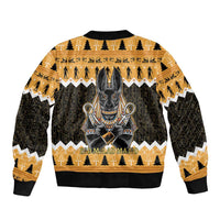 Unisex bomber jacket with large central Anubis print, orange and black, ribbed cuffs