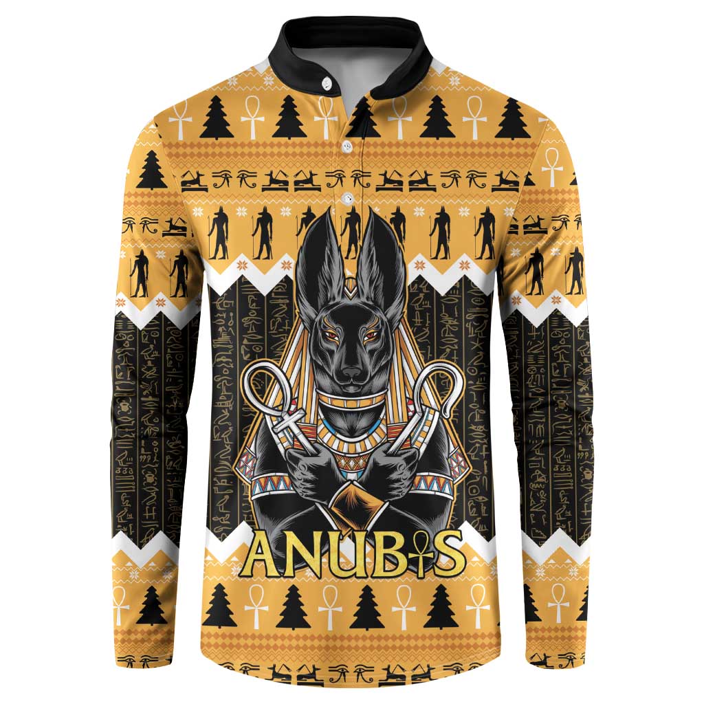 Orange and black long-sleeve button sweatshirt with Anubis front graphic and black collar