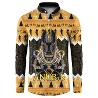Orange and black long-sleeve button sweatshirt with Anubis front graphic and black collar