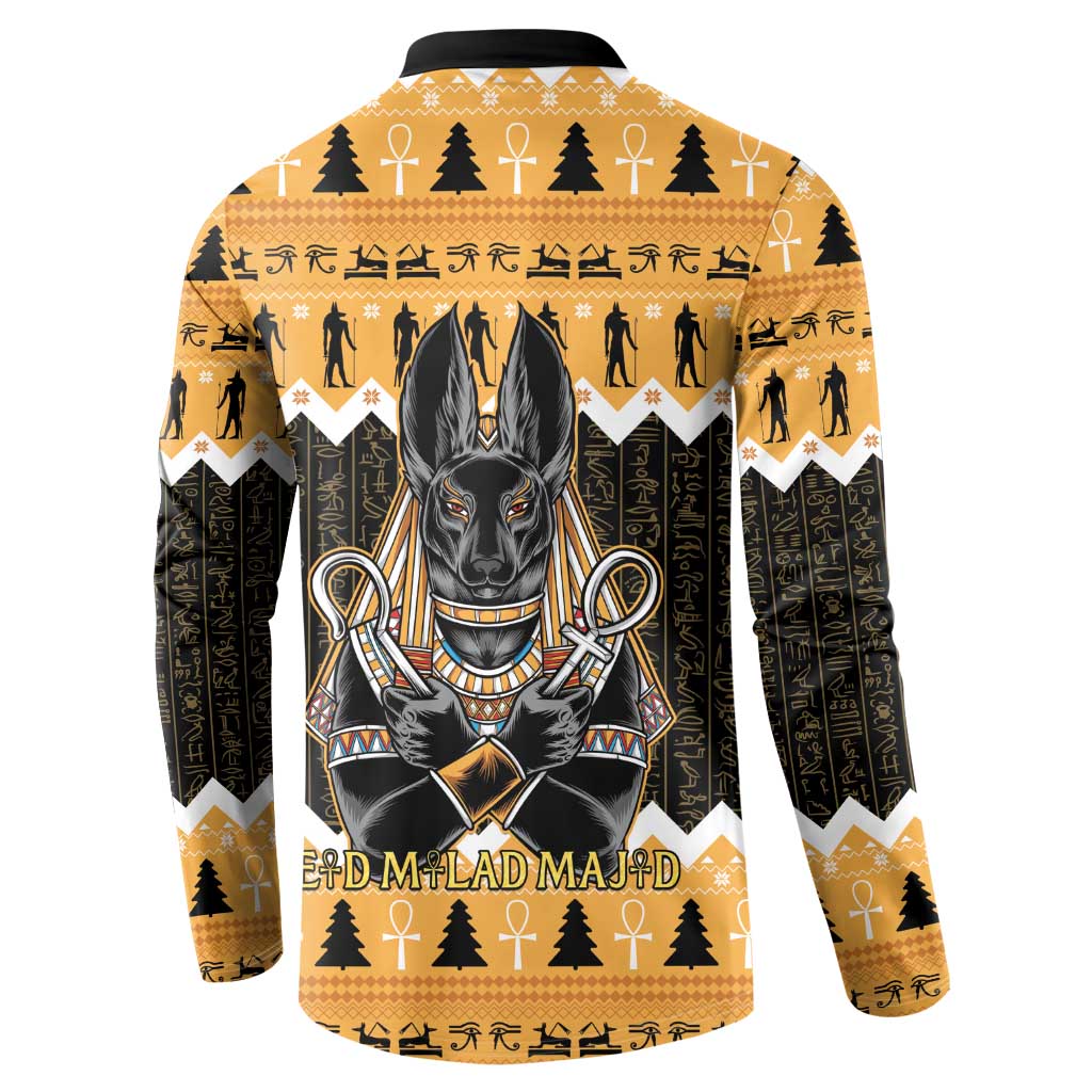 Orange and black long-sleeve button sweatshirt with Anubis back print and patterned hem