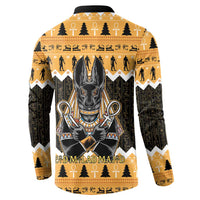 Orange and black long-sleeve button sweatshirt with Anubis back print and patterned hem