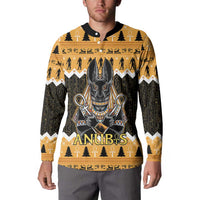 Men's orange and black button sweatshirt featuring large Anubis chest graphic and black trim