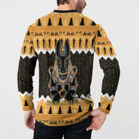 Men's orange and black button sweatshirt with Anubis back graphic and full patterned sleeves