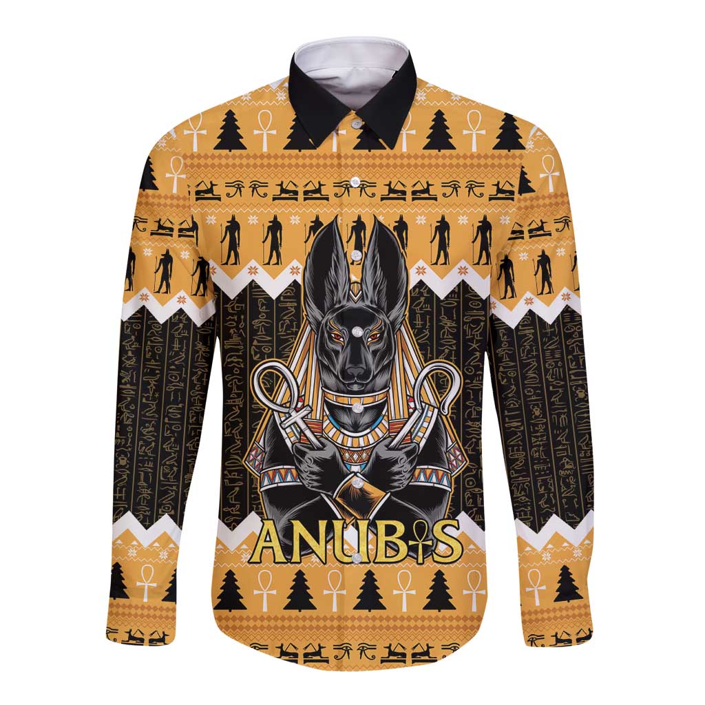 Orange long-sleeve button shirt with Anubis face graphic on front