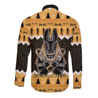 Orange long-sleeve button shirt with Anubis graphic and back text