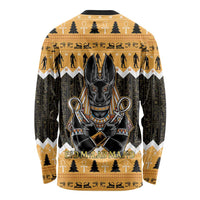 Unisex long sleeve shirt with Anubis graphic, orange and black with festive text