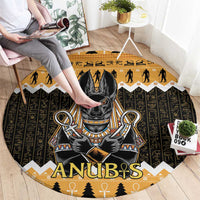 Round area rug with Anubis artwork and Egyptian hieroglyph pattern, orange border