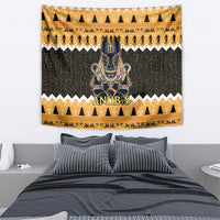 Orange and dark green Anubis wall tapestry with gold trees, figures, and zigzag bands