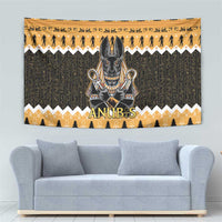 Orange and dark green Anubis tapestry featuring gold title text and holiday motifs