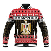 Unisex red baseball jacket with Egypt crest, striped collar and cuffs, bold festive pattern
