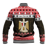 Unisex red baseball jacket back with Egypt crest panel, striped collar, festive motifs