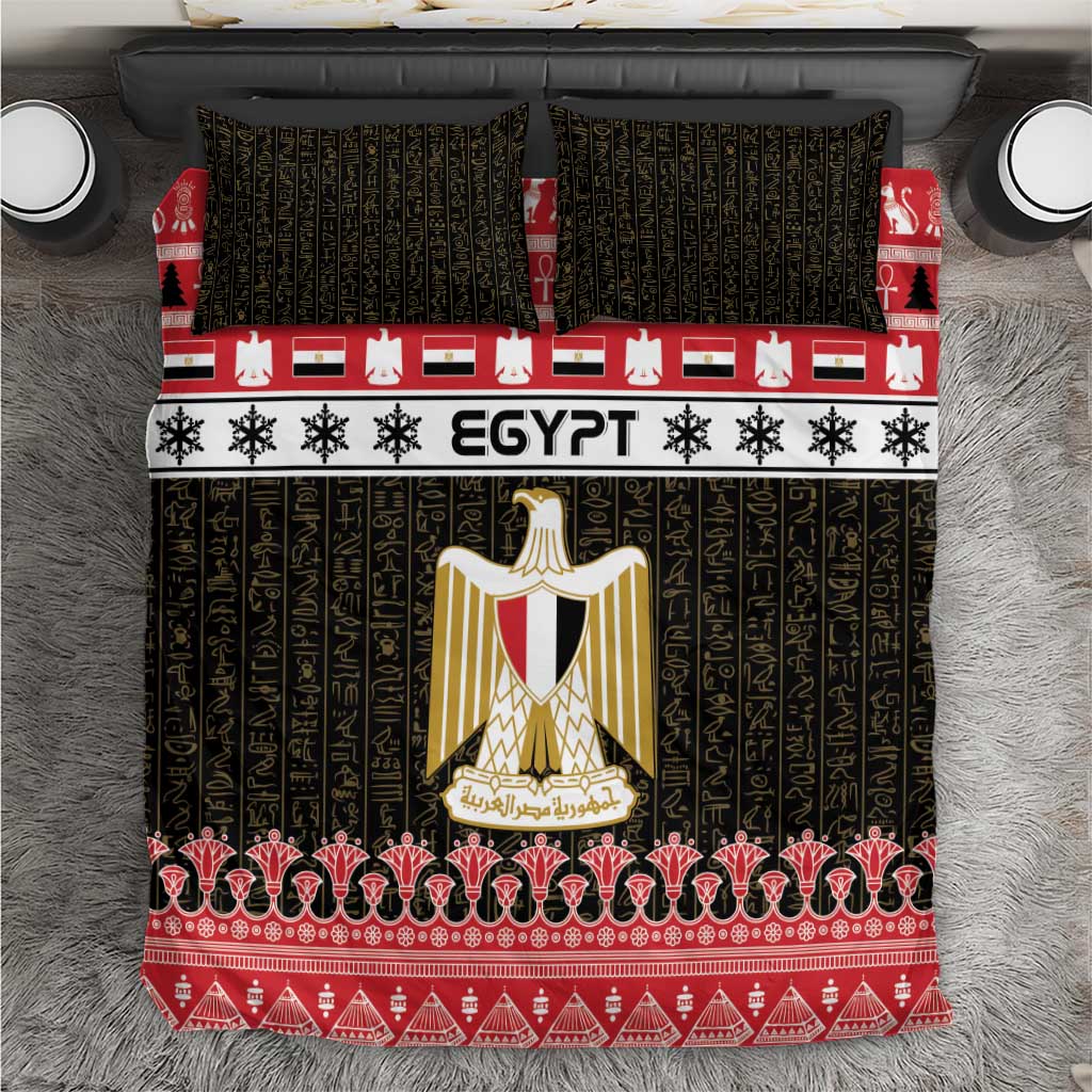 Egypt-themed bedding set with black, red, and gold coat-of-arms shield design