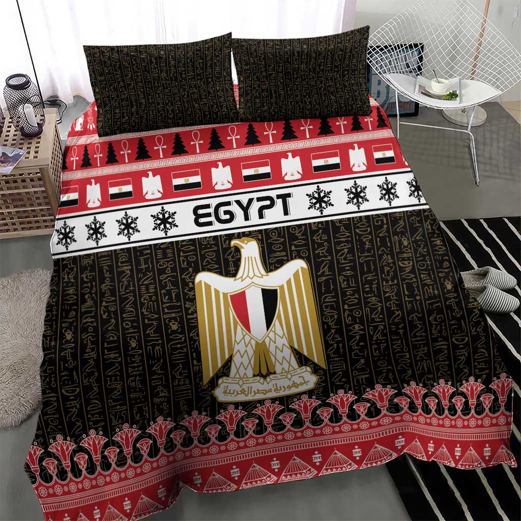 Egypt-themed duvet bedding set with black base, gold shield, and red decorative trim
