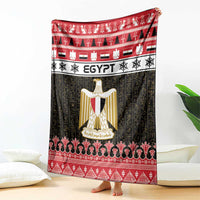 Egypt-themed blanket with red top band, black hieroglyph pattern, and gold shield