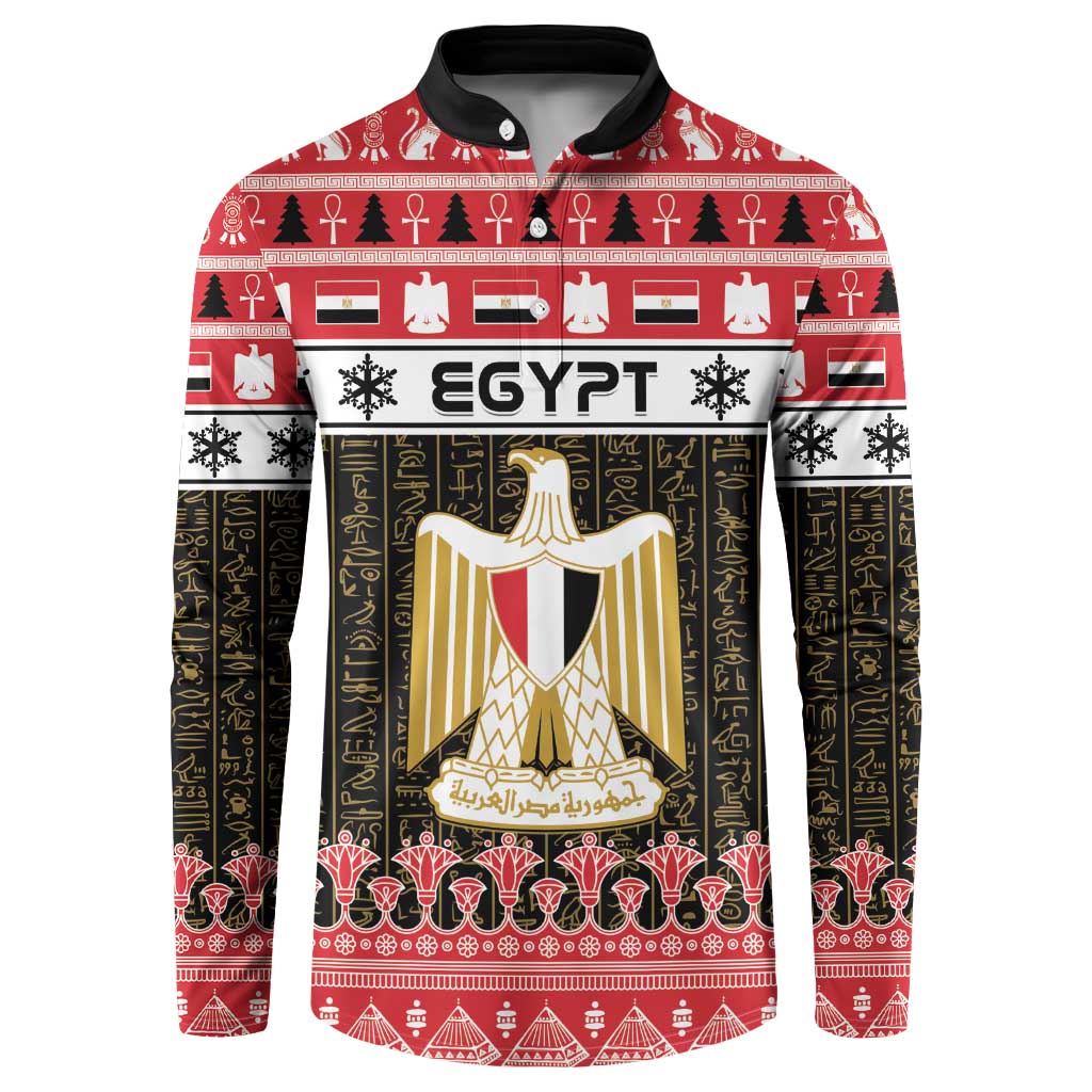 Red button-front sweatshirt with Egypt coat-of-arms graphic and long patterned sleeves