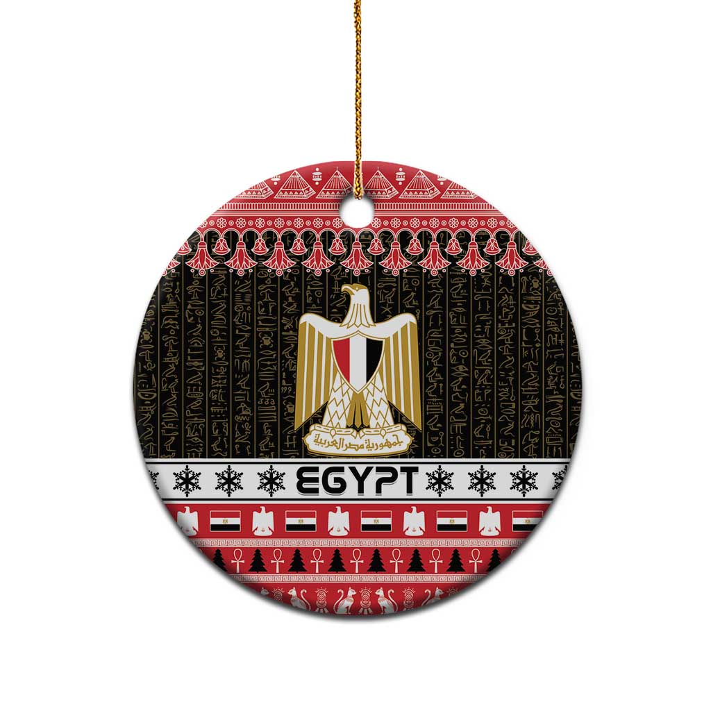 Egypt coat of arms ceramic ornament, round red and black with gold shield, hanging loop on white