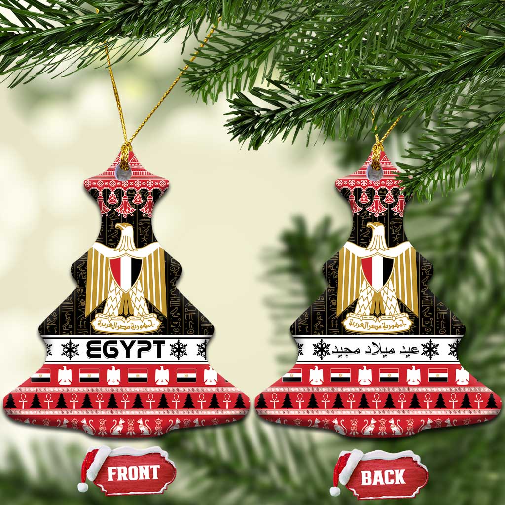 Egypt coat of arms ceramic ornament, star-shaped red and black with gold shield, hanging loop