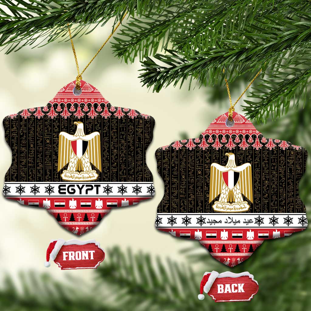 Egypt coat of arms ceramic ornament pair, red and black star and heart shapes with gold shield