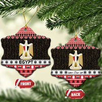 Egypt coat of arms ceramic ornament pair, red and black star and heart shapes with gold shield