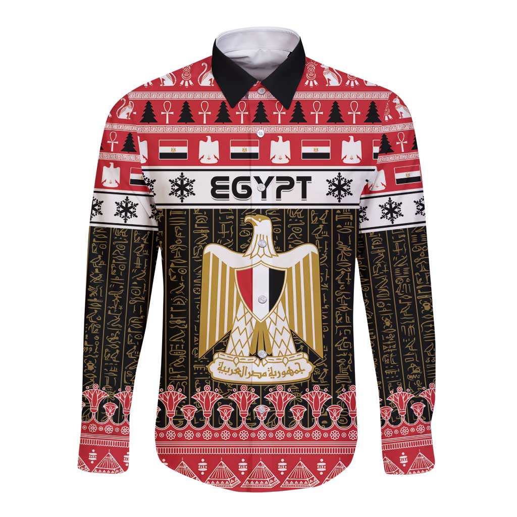 Red long-sleeve button-up shirt with black collar and Egypt crest front graphic