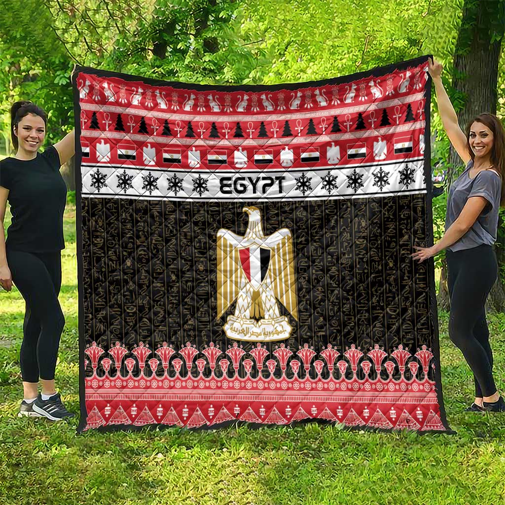 Egypt-themed quilt blanket showing full red, white, and black design with coat-of-arms emblem