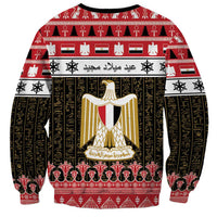 Red crewneck sweatshirt with large Egypt flag banner and coat of arms crest print.