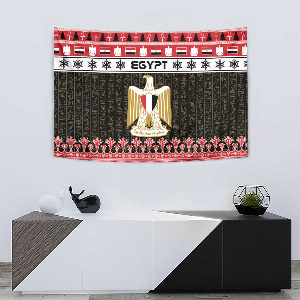 Egypt-themed tapestry with red top band, green patterned field, and gold coat-of-arms
