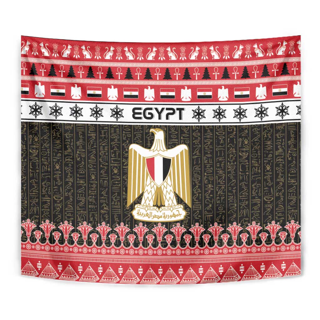 Egypt-themed Christmas tapestry in red and green with gold shield and EGYPT word