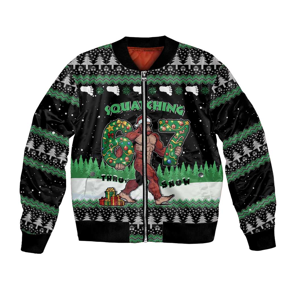 Funny Bigfoot 67 Six Seven Christmas Bomber Jacket Squatching Through The Snow - Wonder Print Shop